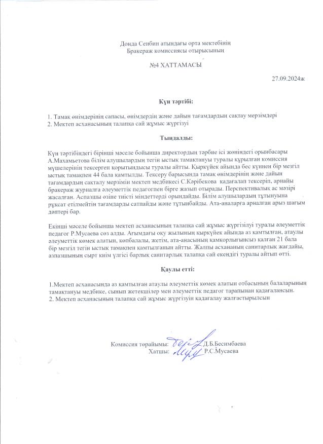 Бракераж комиссиясы отырысының №4 хаттамасы
