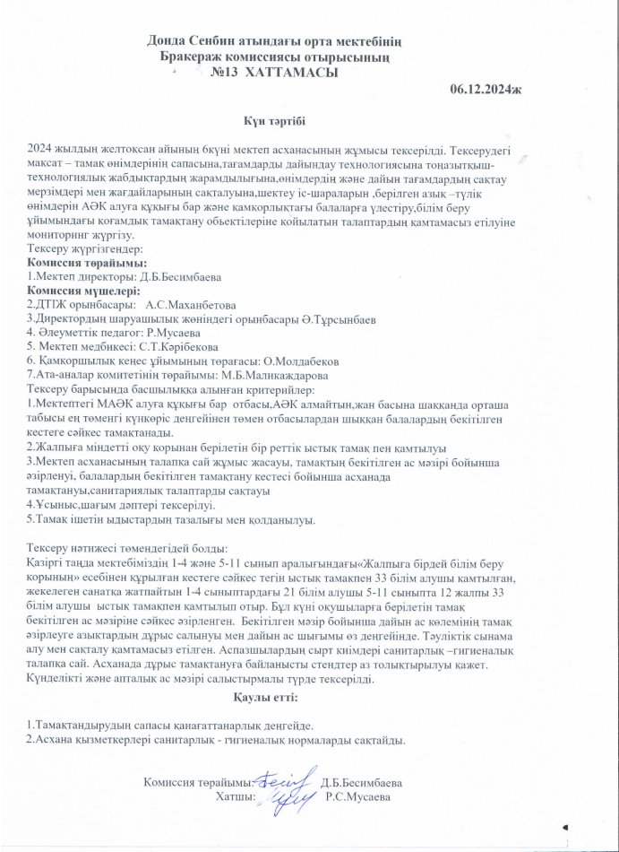 Бракераж комиссия отырысының №13 хаттамасы